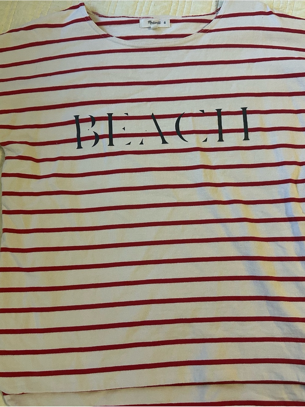 Madewell Cream Tee with Red Stripes and 'BEACH' Print